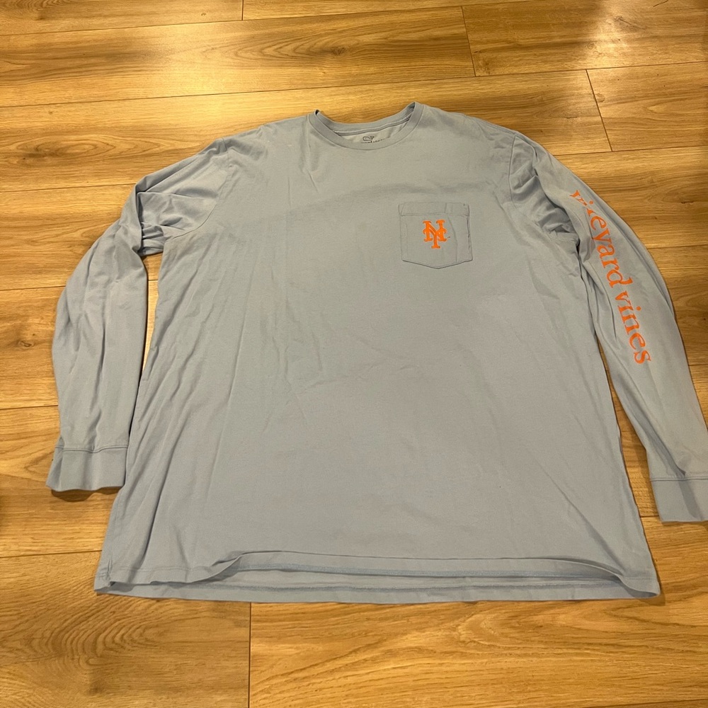 Long Sleeve Pocket T-Shirt with NY Mets Logo - Light Blue